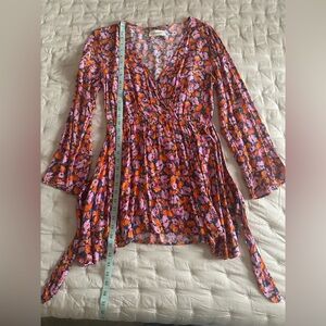 L*SPACE Floral Wrap Mini Dress - Pink and Orange Boho Bell Sleeve